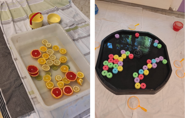 Spielideen Abkuehlung Sommer Baby Kind Zitrusfruechte Poolnudeln